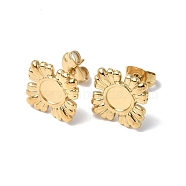 Ion Plating(IP) 304 Stainless Steel Stud Earring Findings, Flower with Round Tray Earring Settings, with Ear Nuts, Real 18K Gold Plated, Tray: 5mm, 11x11mm, Pin: 0.7mm(STAS-F286-14G)
