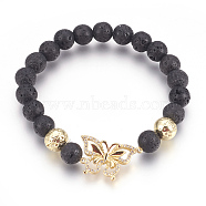 Stretch Bracelets, with Long-Lasting Plated Electroplated Natural Lava Rock, Natural Lava Rock and Brass Cubic Zirconia Beads, Butterfly, Golden, 2-1/4 inch(5.6cm)(BJEW-G601-12G)