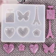 Pendant Silicone Molds, Resin Casting Molds, For UV Resin, Epoxy Resin Jewelry Making, Heart & Flower & Butterfly & Tower & Bottle, White, 78x88x8mm, hole: 1.5mm, Inner Size: 13~32mm(DIY-L005-16)