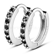 SHEGRACE Rhodium Plated 925 Sterling Silver Hoop Earrings, with Black Cubic Zirconia, with S925 Stamp, Platinum, 12.3mm(JE839A)
