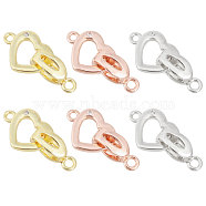 6Pcs 3 Colors Brass Pave Clear Cubic Zirconia Fold Over Clasps, Long-Lasting Plated, Heart, Mixed Color, Oval Clasp: 13x5x5mm, Hole: 1.8mm, Heart Clasp: 13.5x10.5x1.5mm, Hole: 1.4mm, 2pcs/color(KK-CA0002-68)