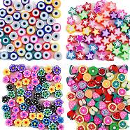 200Pcs 4 Styles Handmade Polymer Clay Beads, Fruit & Star & Flat Round with Evil Eye & Flower , Mixed Color, 50pcs/style(CLAY-SZ0001-54)