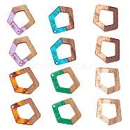 Transparent and Opaque Resin & Walnut Wood Pendants, Polygon, Mixed Color, 35x31x3mm, Hole: 2mm,  6 colors, 2pcs/color, 12pcs/set(RESI-SZ0001-01)