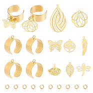 DIY Spring Theme Charm Open Ring Making Kit, Including Stainless Steel Cuff Finger Ring Components, Leaf & Tree & Flower & Dragonfly 304 & 201 Stainless Steel Pendants, Golden, 22Pcs/box(DIY-UN0004-61)