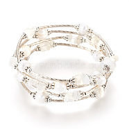Pearl and Natural White Moonstone Chips Wrap Bracelets, Five Loops, with Metal Findings, Potato, White, 2-1/8 inch(5.3cm)(BJEW-JB03922-01)