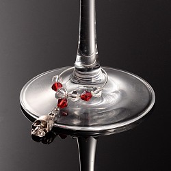 Skull Halloween Tibetan Style Alloy Wine Glass Charms, Brass Hoop with Glass Beads, Antique Silver, Red, 65x30mm(AJEW-JO00104-01)