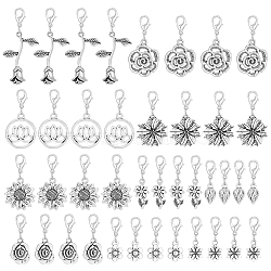 Flower Tibetan Style Alloy Pendant Decoration, with Lobster Claw Clasps, Antique Silver, 27~46mm, 10 style, 4pcs/style, 40pcs/set(HJEW-AB00432)