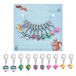 10Pcs 5 Style Ocean Fish Handmade Polymer Clay Pendant Stitch Markers, Crochet Lobster Claw Clasp Charms, Mixed Color, 3~3.4cm, 2pcs/style(HJEW-NB00033)