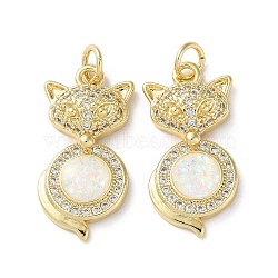 Brass Micro Pave Clear Cubic Zirconia Pendants, with Synthetic Opal and Jump Ring, Real 18K Gold Plated, Fox, 23x11x4.4mm, Hole: 3.6mm(KK-C045-12G)
