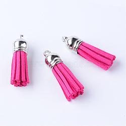 Faux Suede Tassel Pendant Decorations, with CCB Plastic Cord Ends, Platinum, Camellia, 35~37x10mm, Hole: 1.8mm(FIND-T002-A01)