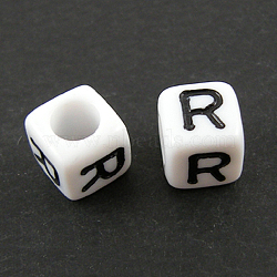 Letter Acrylic European Beads, Horizontal Hole, Cube, Letter.R, 10x10x10mm, Hole: 3.5~4mm, about 598pcs/500g(OPDL-R050-10mm-R)