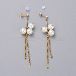 Eco-Friendly Glass Pearl Dangle Stud Earrings, with Brass Bar Links Chains, 304 Stainless Steel Cable Chains, Brass Cubic Zirconia Stud Earring Findings, Brass & Plastic Ear Nuts, Earring Backs, Real 18K Gold Plated, White, 75mm, Pin: 0.7mm(EJEW-JE03813-01)