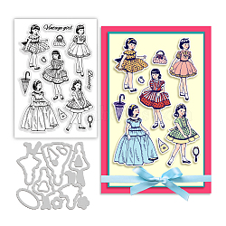 DIY Scrapbook Kits, including 1 Sheet PVC Plastic Stamps and 1Pc Carbon Steel Cutting Dies Stencils, Girl Pattern, Stamps: 16x11x0.3cm, Stencils: 11.9x13x0.08cm(DIY-BC0005-90)