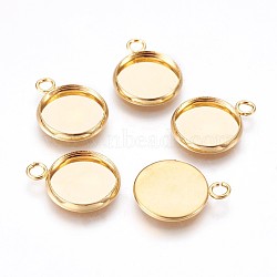 304 Stainless Steel Pendant Cabochon Settings, Plain Edge Bezel Cups, Flat Round, Golden, Tray: 12mm, 18x14x2mm, Hole: 2.4mm(X-STAS-P220-11G-01)