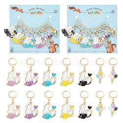 Alloy Enamel Pendant Locking Stitch Markers, 304 Stainless Steel Leverback Earring Stitch Marker, Cat & Hot Air Balloon, Mixed Color, 3.9~4.3cm, 12pcs/set(HJEW-AB00158)