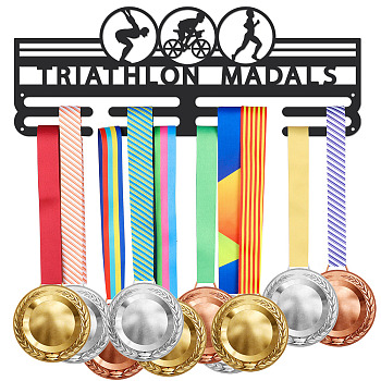 Iron Medal Holder Frame, Medals Display Hanger Rack, 2 Lines, with Screws, Rectangle with Word Thiathlon Medals, Sports Themed Pattern, 150x400mm