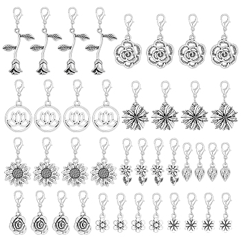 Flower Tibetan Style Alloy Pendant Decoration, with Lobster Claw Clasps, Antique Silver, 27~46mm, 10 style, 4pcs/style, 40pcs/set