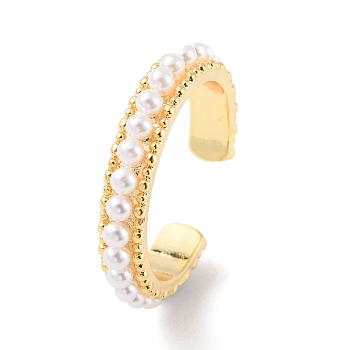Plastic Pearl Beaded Open Cuff Ring, Rack Plating Brass Jewelry for Women, Cadmium Free & Lead Free, Real 18K Gold Plated, Inner Diameter: 19mm