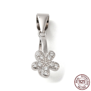 Rhodium Plated 925 Sterling Silver Ice Pick Pinch Bails, with Micro Pave Clear Cubic Zirconia, Flower, with S925 Stamp, Real Platinum Plated, 14x7mm, Hole: 5x3.5mm, Pin: 0.9mm