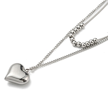 304 Stainless Steel Round Snake & Curb Chains Double Layer Necklaces, with Heart Pendant, Stainless Steel Color, 15.94 inch(40.5cm)