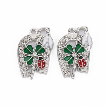 Alloy Pendants, with Enamel and Rhinestone, Platinum, Flower with ladybird, Green, 27x18x3mm, Hole: 2.5mm