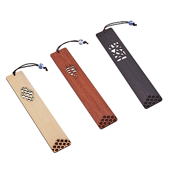 3Pcs 3 Colors Chinese Style Hollow Out Wooden Bookmarks, Rectangle Book Maker with Ceramic Beaded for Student Teacher Book Lover, Mixed Color, 189~199mm, Bookmarks: 143x29x2.5mm, 1pc/color