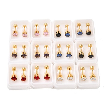 Flat Round Glass Ear Fake Plugs, 304 Stainless Steel Piercing Stud Screw Earrings for Women, Golen, Mixed Color, 5mm, Pin: 1mm