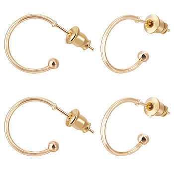 30Pcs Brass C-shape Stud Earrings, Half Hoop Earrings for Women, with 30Pcs 304 Stainless Steel Ear Nuts, Real 18K Gold Plated, 15x20x3mm, Pin: 0.7mm