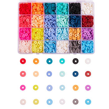 24 Colors Eco-Friendly Handmade Polymer Clay Beads, Disc/Flat Round, Heishi Beads, Mixed Color, 8x0.5~1mm, Hole: 2mm, 24colors, about 76~80pcs/color, 1824~1920pcs/box