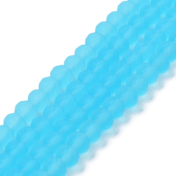 Transparent Glass Beads Strands, Faceted, Frosted, Rondelle, Sky Blue, 10mm, Hole: 1mm, about 63~65pcs/strand, 49~50cm