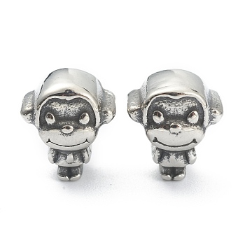 304 Stainless Steel European Beads, Large Hole Beads, Monkey, Antique Silver, 11x10x8.5mm, Hole: 4mm