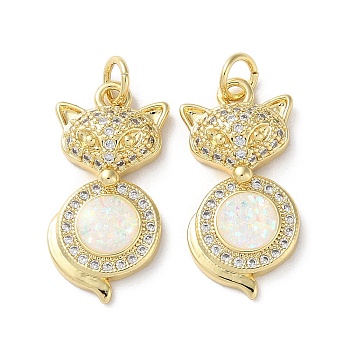 Brass Micro Pave Clear Cubic Zirconia Pendants, with Synthetic Opal and Jump Ring, Real 18K Gold Plated, Fox, 23x11x4.4mm, Hole: 3.6mm