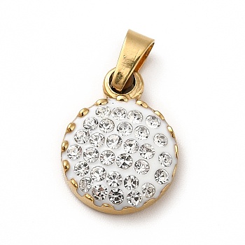 Polymer Clay Rhinestone Pendant, with Vacuum Plating 201 Stainless Steel, Flat Round, Golden, 16x12x4mm, Hole: 3x3mm