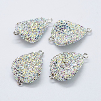 Polymer Clay Rhinestone Links connectors, with Platinum Tone Brass Findings, teardrop, Crystal AB, 30~31x19~20x7~8mm, Hole: 1.5mm