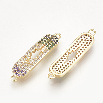 Brass Micro Pave Cubic Zirconia Links, Rectangle, Colorful, Nickel Free, Real 18K Gold Plated, 25x6x2mm, Hole: 1mm