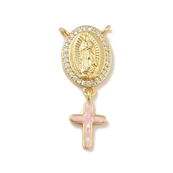 Brass Charms, with Shell, Cadmium Free & Lead Free, Long-Lasting Plated, Oval with Saint & Cross, Real 18K Gold Plated, Pink, 30mm, Hole: 1.5mm