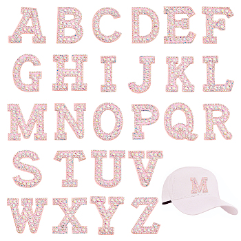 26Pcs Adhesive/Sew on Non-Woven Fabrics Patches, with Crystal AB Glass Rhinestone, Costume Accessories, Appliques, Alphabet, Letter A~Z, Pink, 45~57x38~59x3.5mm