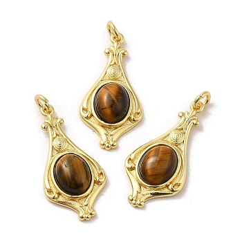 Natural Tiger Eye Pendants, Teardrop Charms with Rack Plating Platinum Tone Brass Findings, Cadmium Free & Lead Free, 30x14.5x5.7mm, Hole: 2.7mm