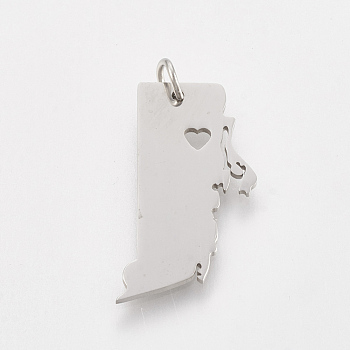 201 Stainless Steel Pendants, Map of Rhode Island, Stainless Steel Color, 26x13x1mm, Hole: 3mm