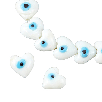 Nbeads 2 Strands Heart Evil Eye Lampwork Beads Strands, White, 15x15x9mm, Hole: 2mm, about 24pcs/strand, 11.40 inch(28.95cm)