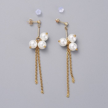 Eco-Friendly Glass Pearl Dangle Stud Earrings, with Brass Bar Links Chains, 304 Stainless Steel Cable Chains, Brass Cubic Zirconia Stud Earring Findings, Brass & Plastic Ear Nuts, Earring Backs, Real 18K Gold Plated, White, 75mm, Pin: 0.7mm