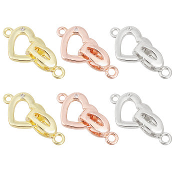 6Pcs 3 Colors Brass Pave Clear Cubic Zirconia Fold Over Clasps, Long-Lasting Plated, Heart, Mixed Color, Oval Clasp: 13x5x5mm, Hole: 1.8mm, Heart Clasp: 13.5x10.5x1.5mm, Hole: 1.4mm, 2pcs/color