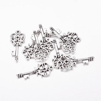 Tibetan Style Pendants, Skeleton Key, Lead Free and Cadmium Free, Antique Silver, 33mm long, 14mm wide, 2mm thick, hole: 2mm