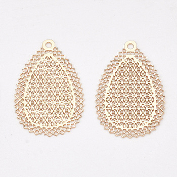 Brass Pendants, Etched Metal Embellishments, Long-Lasting Plated, Teardrop, Light Gold, 26x16.5x0.3mm, Hole: 1.2mm