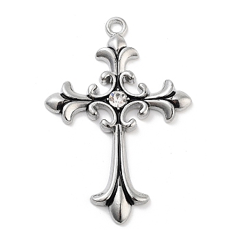 Cross Alloy Rhinestone Pendants, Antique Silver, Crystal, 59x40x4.5mm, Hole: 3mm