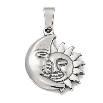 316 Surgical Stainless Steel Pendants, Moon with Sun Charm, Antique Silver, 32x25.5x4.5mm, Hole: 4.5x8.5mm