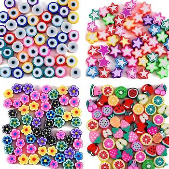 200Pcs 4 Styles Handmade Polymer Clay Beads, Fruit & Star & Flat Round with Evil Eye & Flower , Mixed Color, 50pcs/style