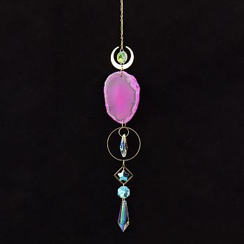 Natural Agate Piece Hanging Ornaments, Metal Moon & Ring and Glass Cone Tassel Suncatchers for Home Outdoor Decoration, Orchid, 450mm