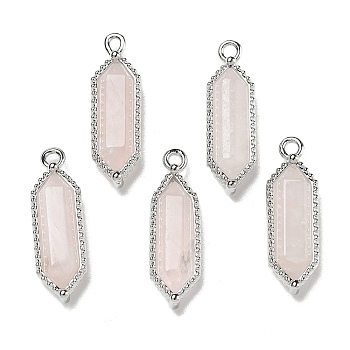 Natural Rose Quartz Faceted Double Terminal Pointed Pendants, Rack Plating Brass Hexagon Charms, Platinum, 21~22x6.5~7x4.5mm, Hole: 1.4mm