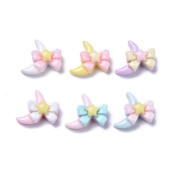 Opaque Cute Resin Decoden Cabochons, Mixed Color, Moon with Bowknot, 10.5x12x6mm